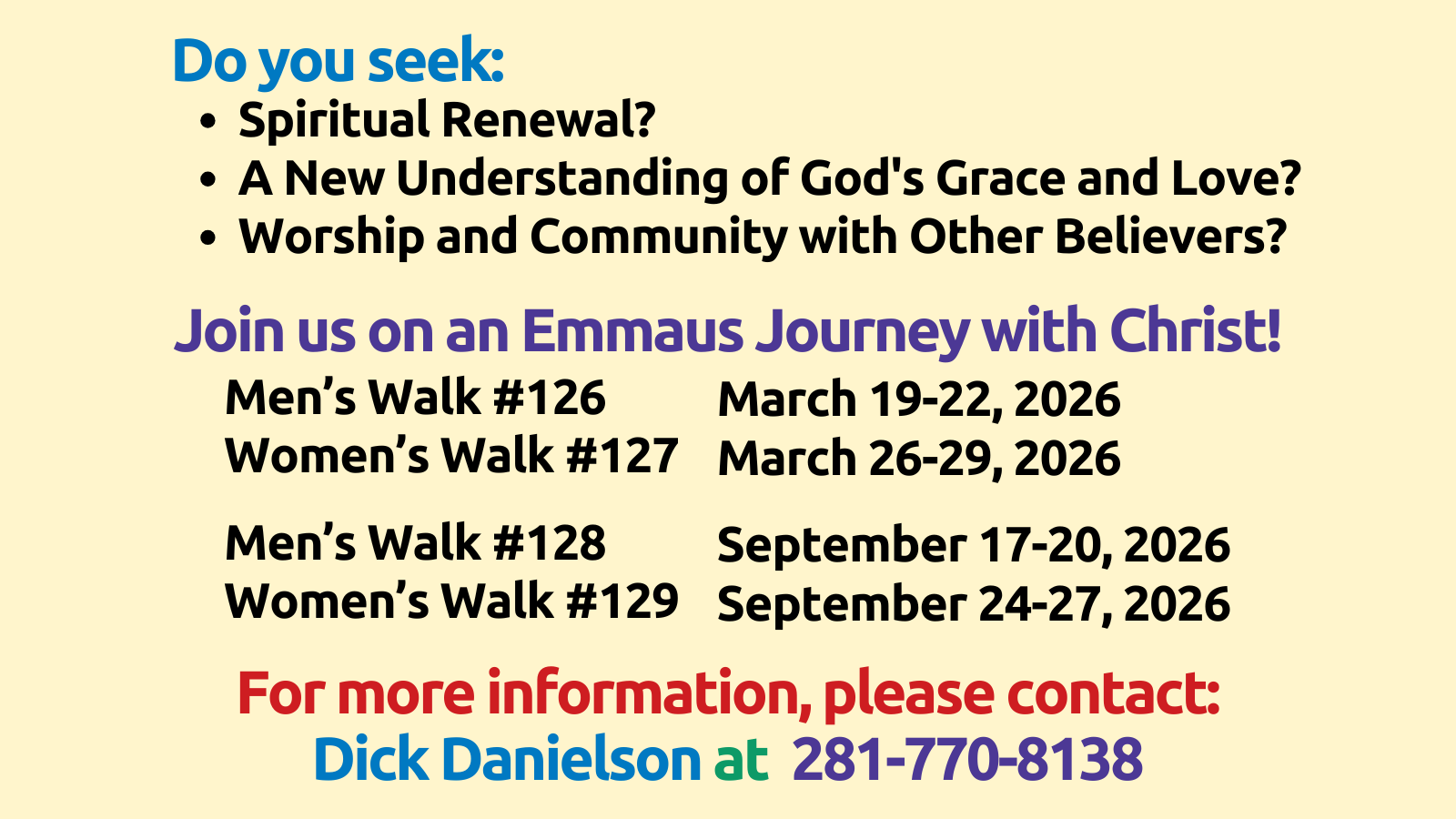 2026-03 Walk to Emmaus Dates for SUMCorg 16x9