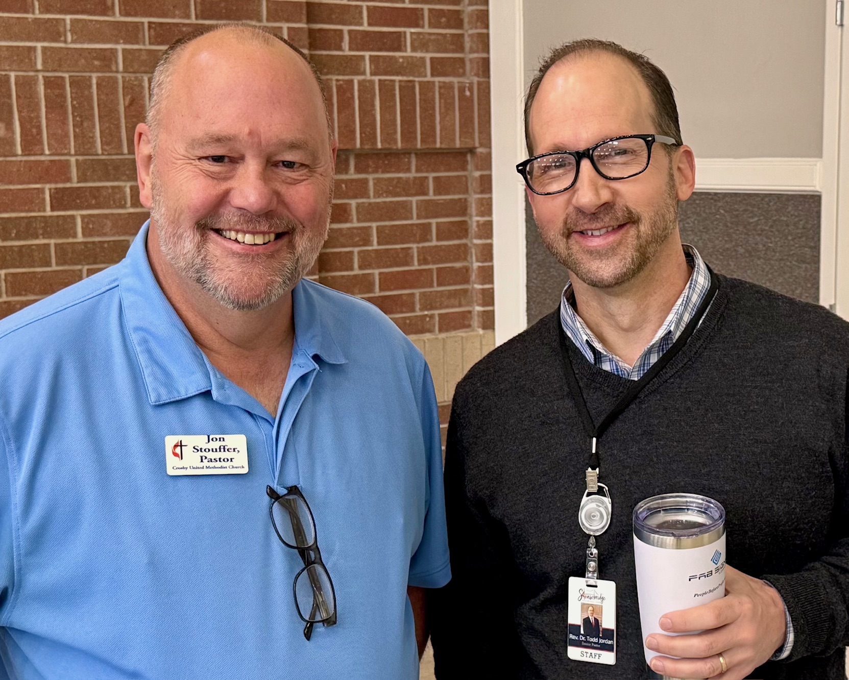 The Rev. Jon Stouffer (left) and The Rev. Dr. Todd Jordan (right) sharing a few words prior to Pastor Jon's presentation at the Men of Strawbridge Breakfast held on Saturday, January 17, 2026.