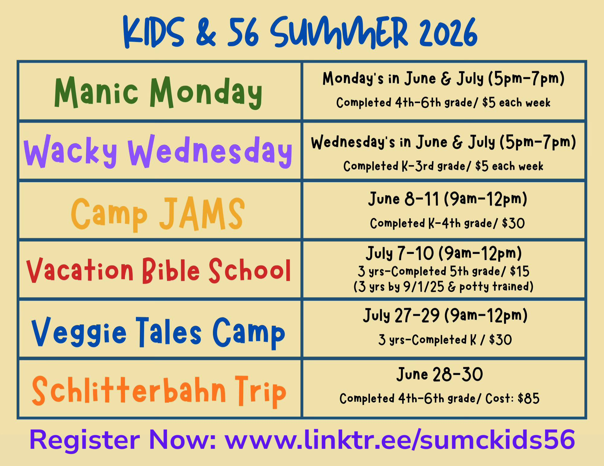 2026 Kids & 56 Summer Schedule 11x85